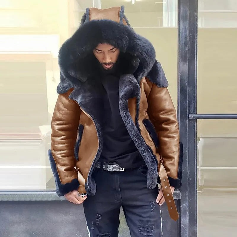 Sheepskin Leather Jacket | Man Winter Fur Hood Coat Motorcycle Jackets - product image 4