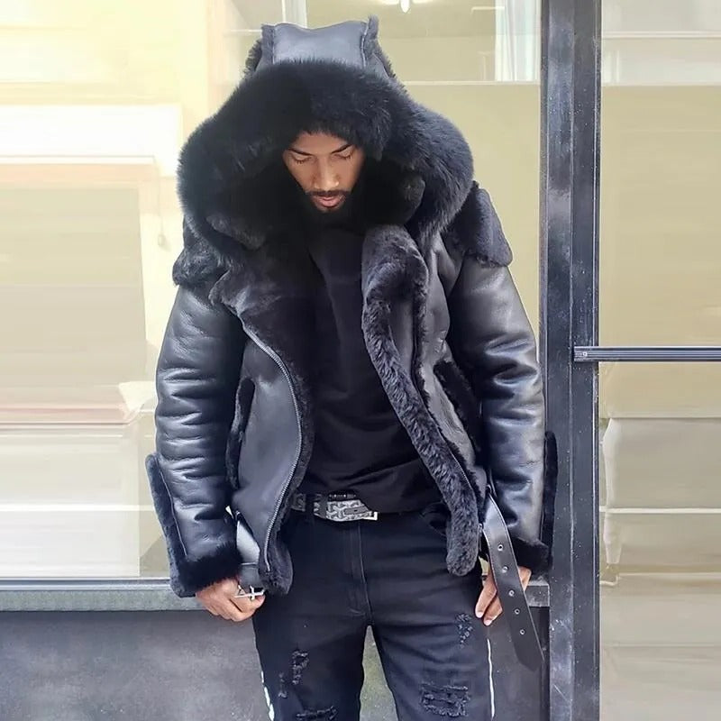Sheepskin Leather Jacket | Man Winter Fur Hood Coat Motorcycle Jackets - product image 1