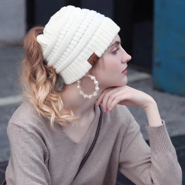 NOMOVA Ponytail Beanie Messy Bun Women's Beanie Solid Ribbed Hat Cap