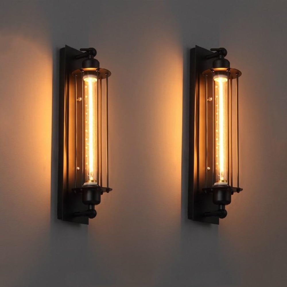 Aplique de pared industrial con iluminación LED moderna y diseño vintage de jaula metálica inalámbrico