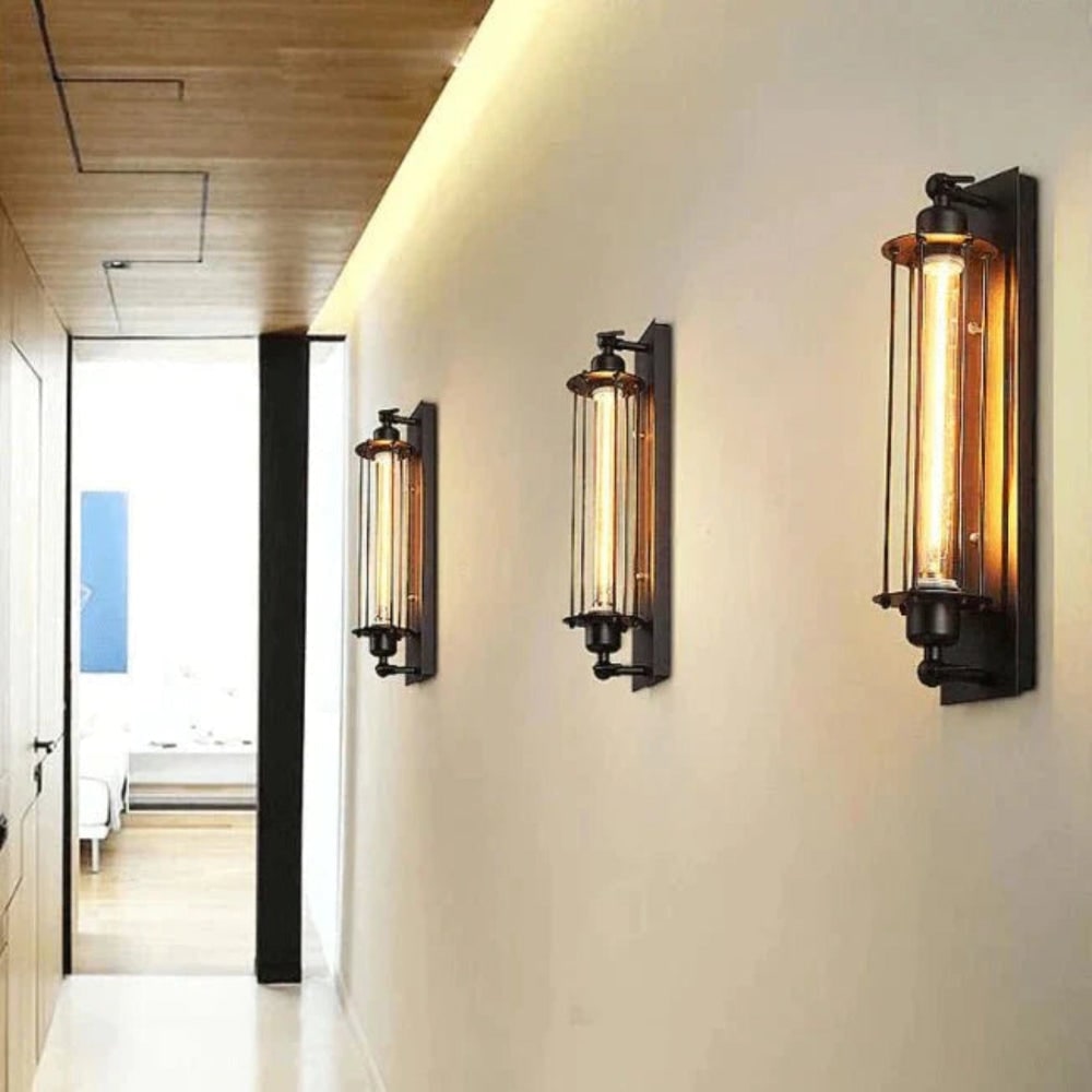 Aplique de pared industrial con iluminación LED moderna y diseño vintage de jaula metálica inalámbrico