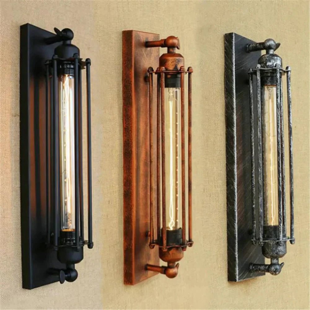 Aplique de pared industrial con iluminación LED moderna y diseño vintage de jaula metálica inalámbrico