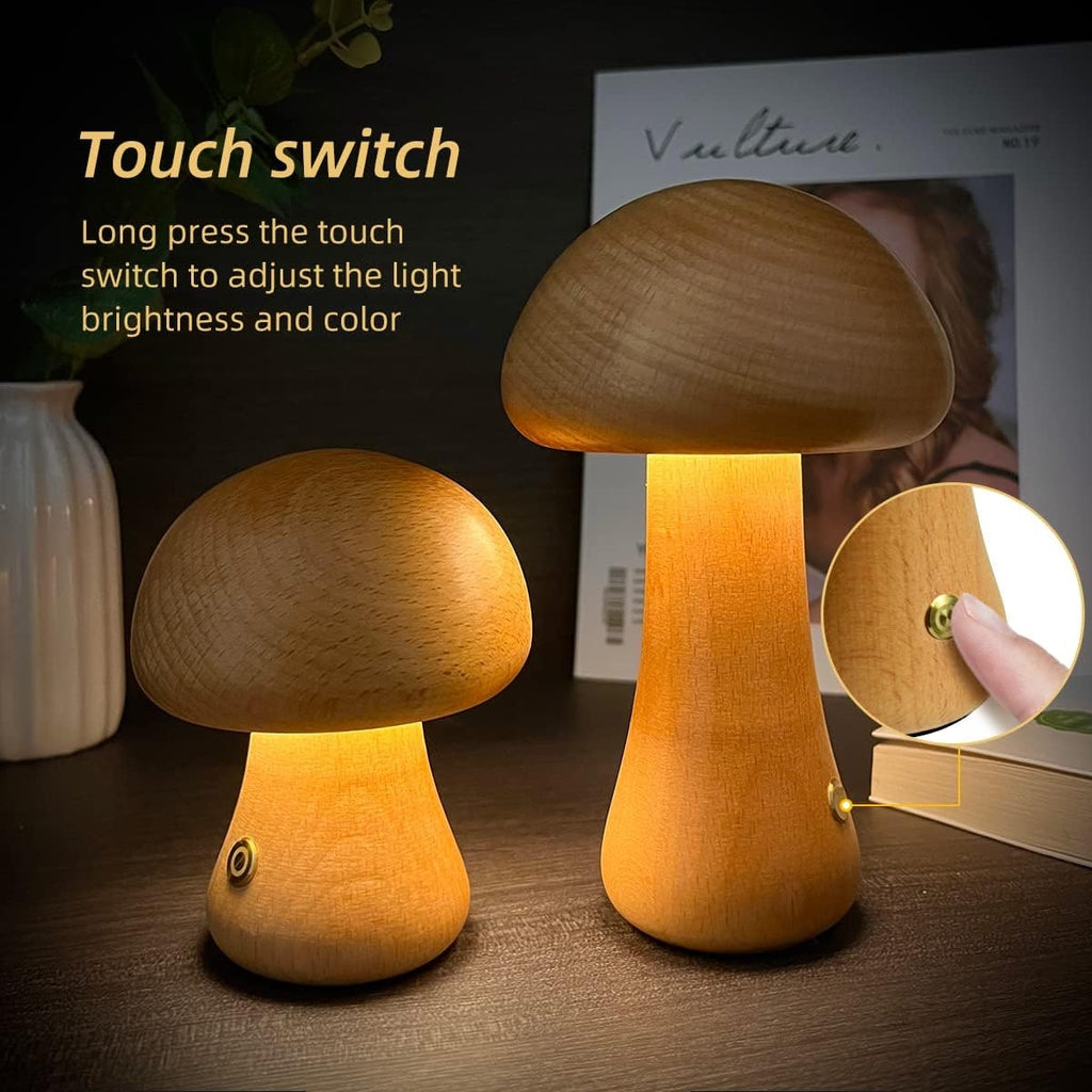 Luz nocturna y lámpara infantil en forma de hongo para dormitorio, con control táctil de madera y LED, para mesa de noche
