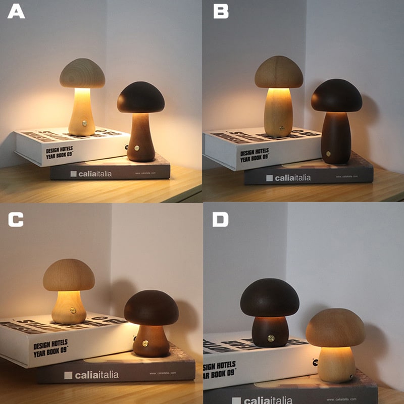 Luz nocturna y lámpara infantil en forma de hongo para dormitorio, con control táctil de madera y LED, para mesa de noche