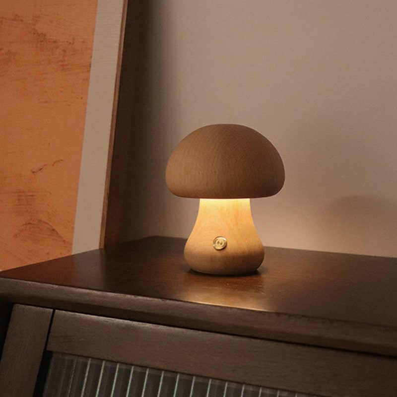 Luz nocturna y lámpara infantil en forma de hongo para dormitorio, con control táctil de madera y LED, para mesa de noche