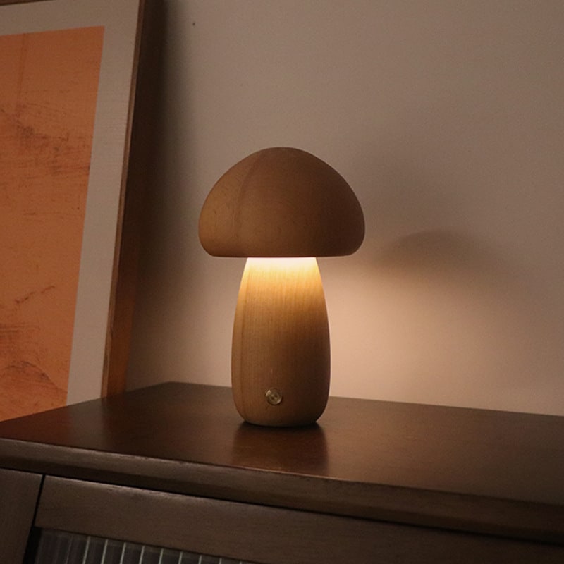 Luz nocturna y lámpara infantil en forma de hongo para dormitorio, con control táctil de madera y LED, para mesa de noche