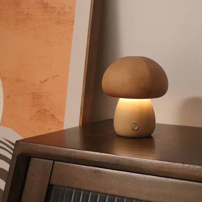 Luz nocturna y lámpara infantil en forma de hongo para dormitorio, con control táctil de madera y LED, para mesa de noche