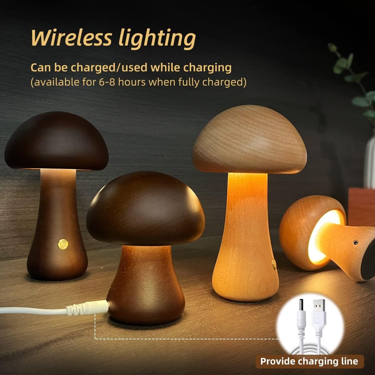 Luz nocturna y lámpara infantil en forma de hongo para dormitorio, con control táctil de madera y LED, para mesa de noche