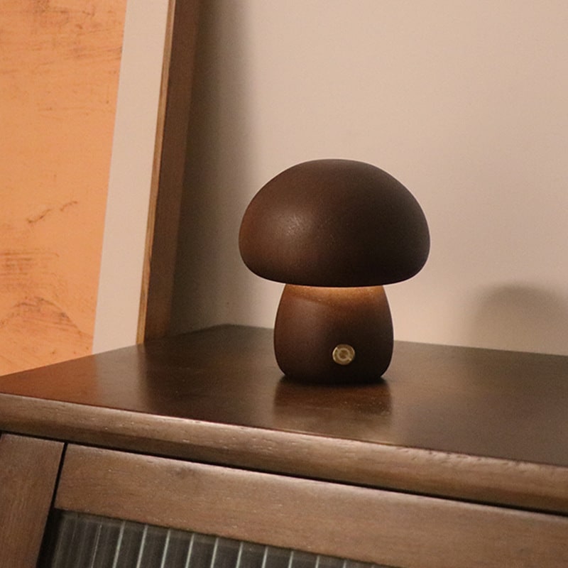 Luz nocturna y lámpara infantil en forma de hongo para dormitorio, con control táctil de madera y LED, para mesa de noche