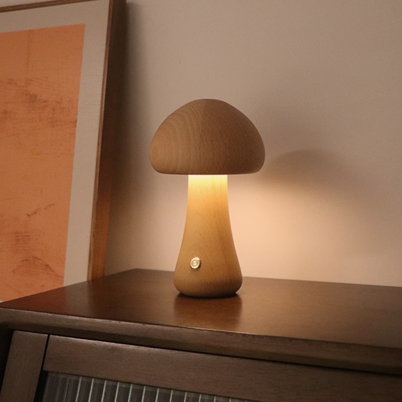 Luz nocturna y lámpara infantil en forma de hongo para dormitorio, con control táctil de madera y LED, para mesa de noche