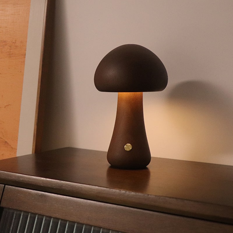 Luz nocturna y lámpara infantil en forma de hongo para dormitorio, con control táctil de madera y LED, para mesa de noche