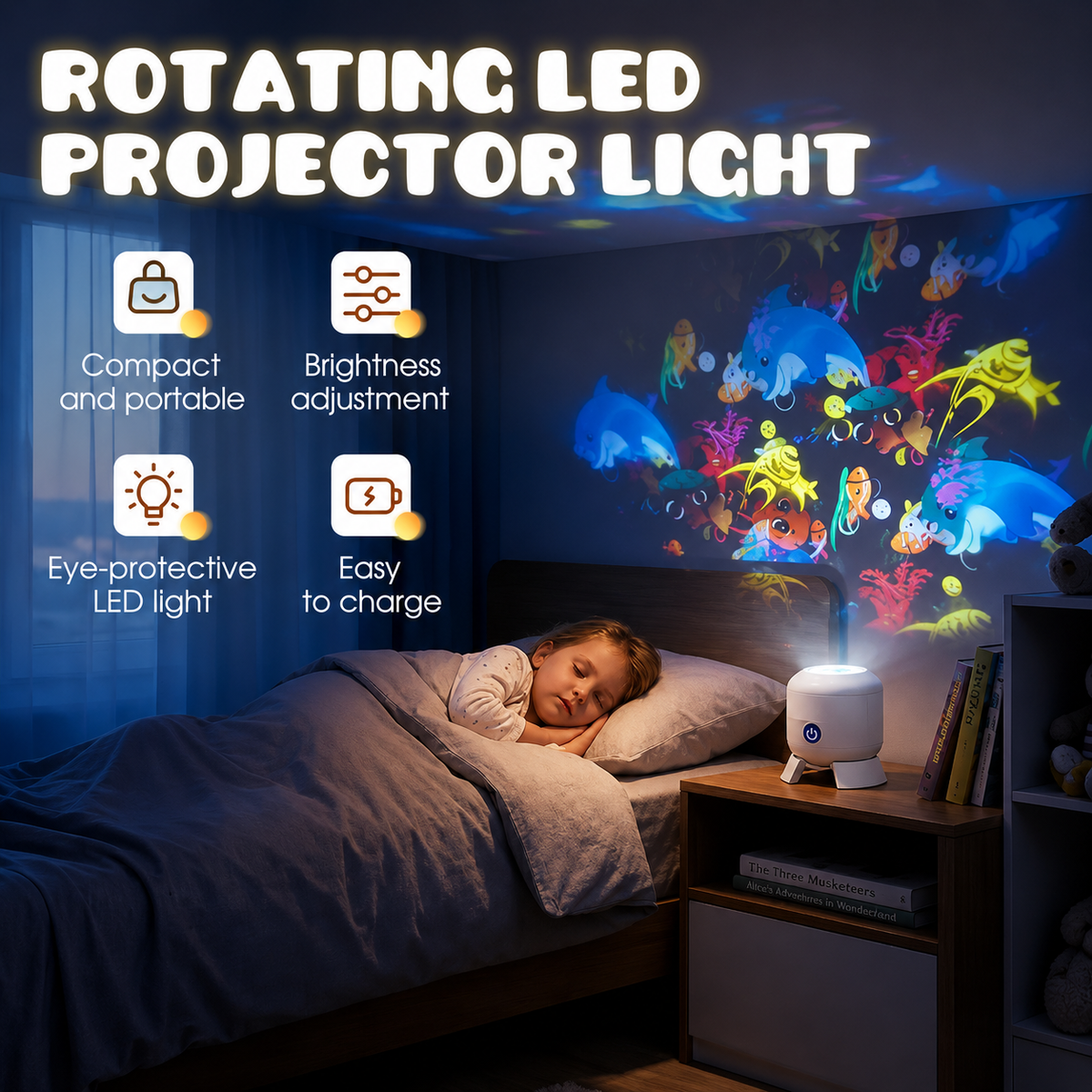 Proyector de luz nocturna infantil con patrones giratorios de océano y estrellas para proyectar en el techo sobre una mesa