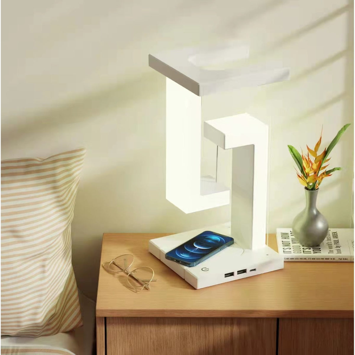 Lámpara de mesa LED recargable para niños, con diseño flotante de tensegridad a batería y almohadilla