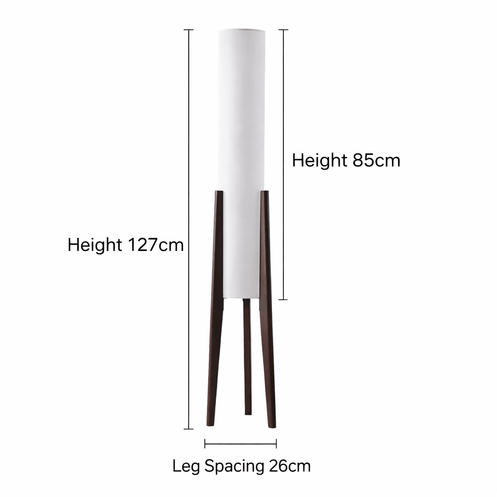 Lámpara de pie LED alta con trípode de madera, pantalla cilíndrica de tela y mesa auxiliar