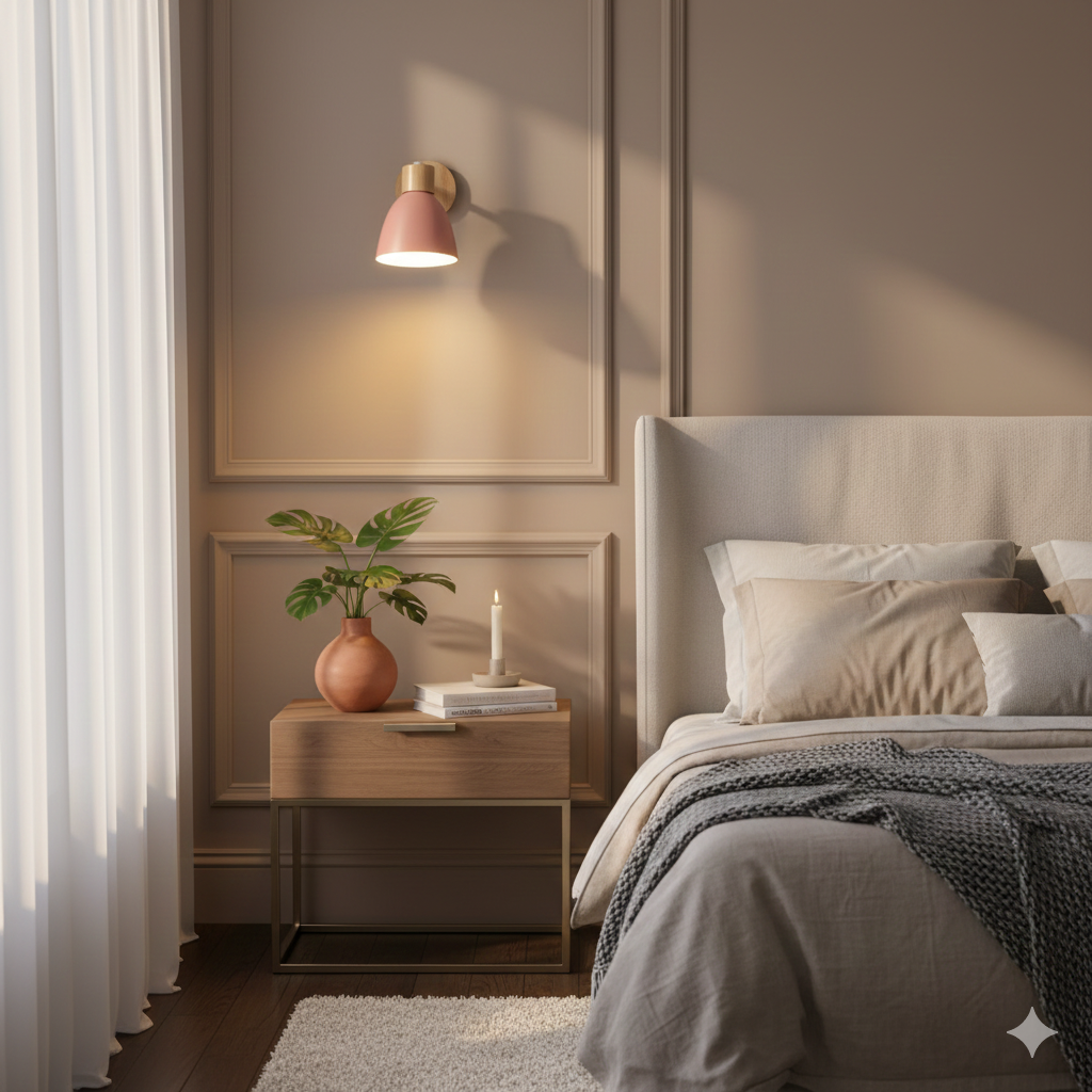 Aplique de pared moderno con brazo ajustable, interruptor de cadena y pantalla de madera en forma de cúpula para el dormitorio