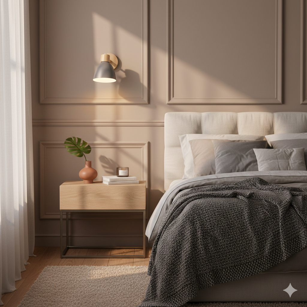 Aplique de pared moderno con brazo ajustable, interruptor de cadena y pantalla de madera en forma de cúpula para el dormitorio