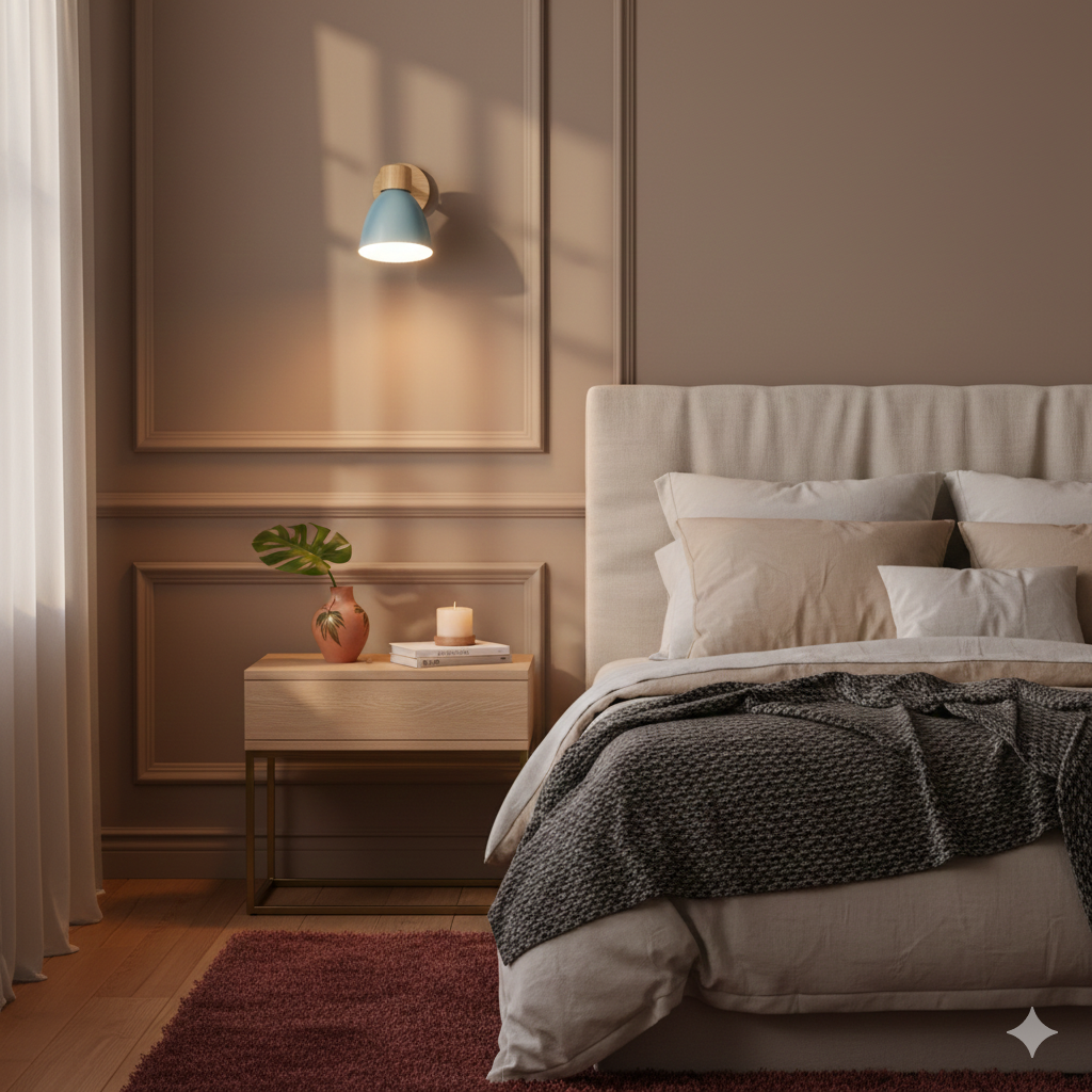 Aplique de pared moderno con brazo ajustable, interruptor de cadena y pantalla de madera en forma de cúpula para el dormitorio