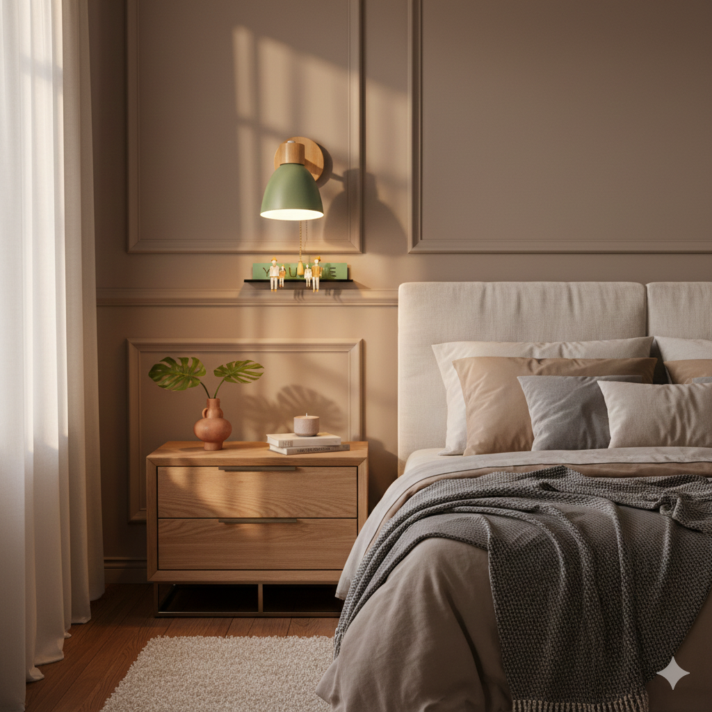 Aplique de pared moderno con brazo ajustable, interruptor de cadena y pantalla de madera en forma de cúpula para el dormitorio
