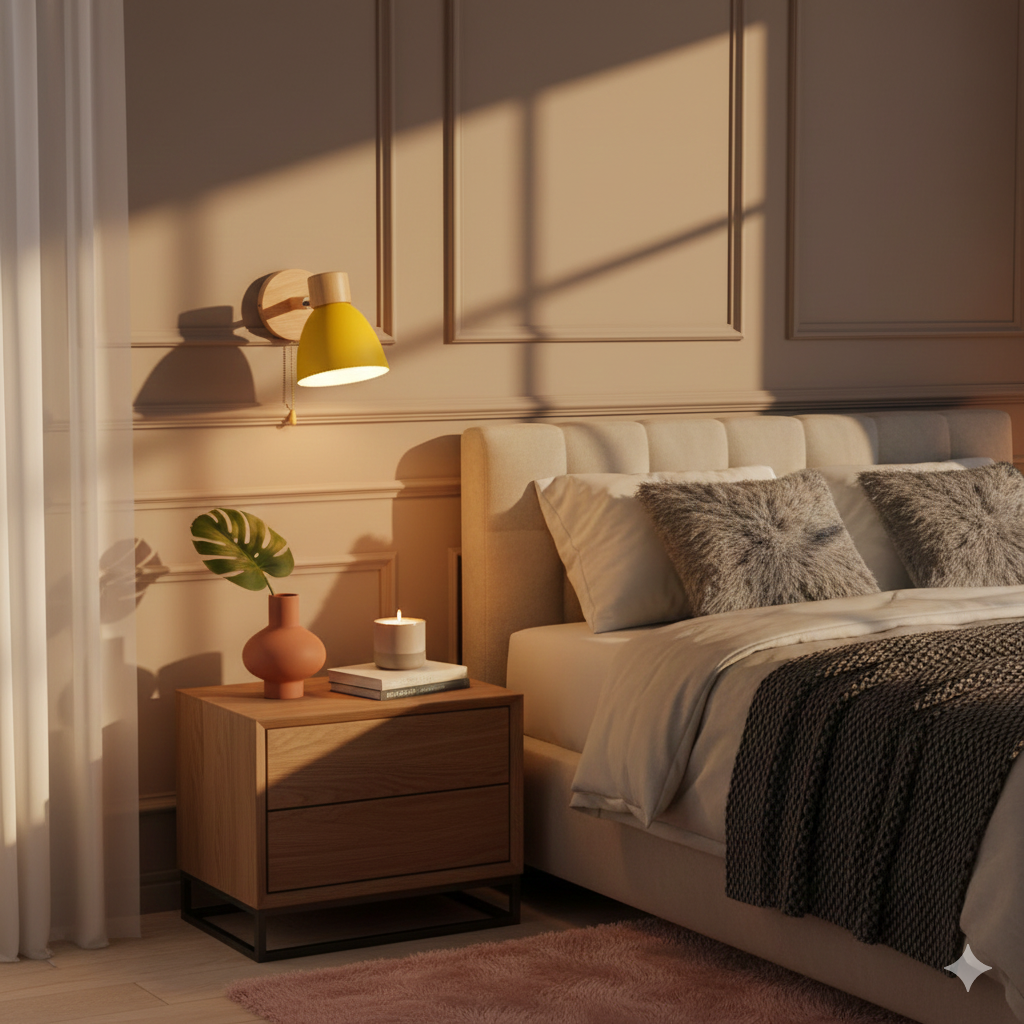 Aplique de pared moderno con brazo ajustable, interruptor de cadena y pantalla de madera en forma de cúpula para el dormitorio