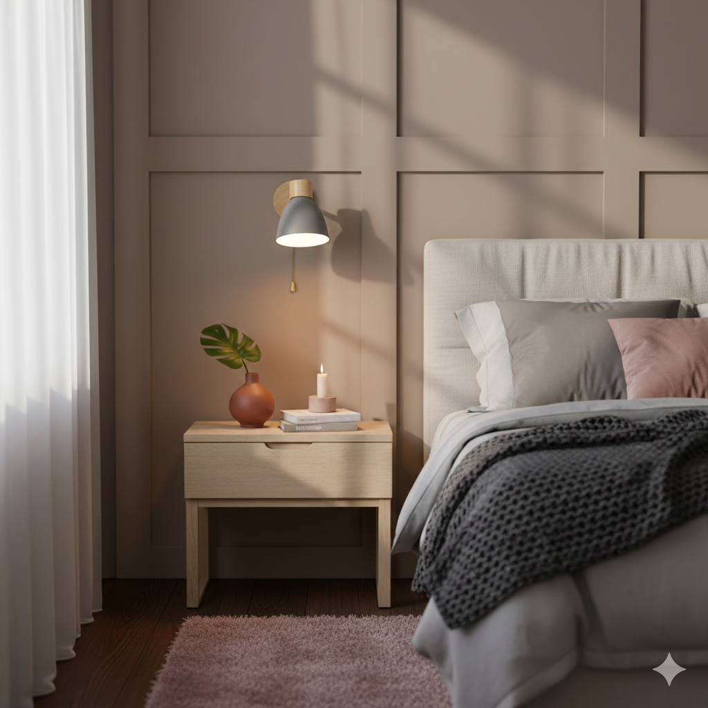 Aplique de pared moderno con brazo ajustable, interruptor de cadena y pantalla de madera en forma de cúpula para el dormitorio