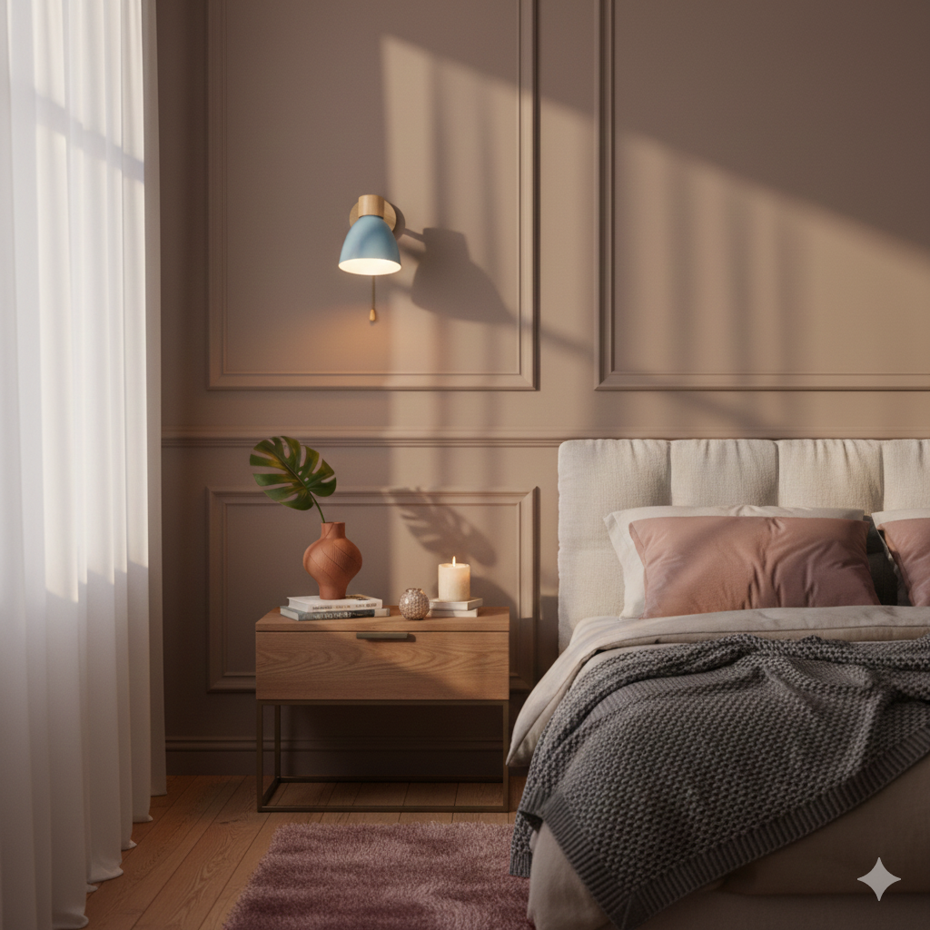 Aplique de pared moderno con brazo ajustable, interruptor de cadena y pantalla de madera en forma de cúpula para el dormitorio