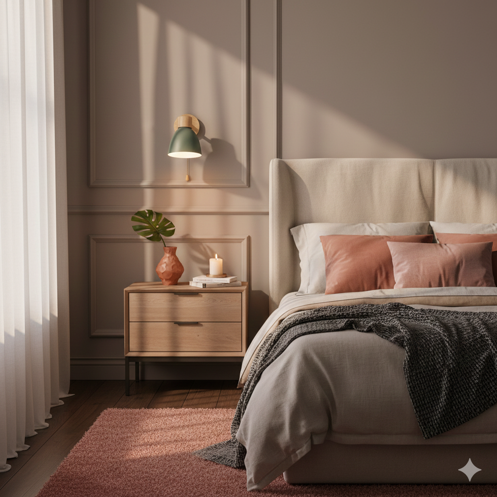 Aplique de pared moderno con brazo ajustable, interruptor de cadena y pantalla de madera en forma de cúpula para el dormitorio