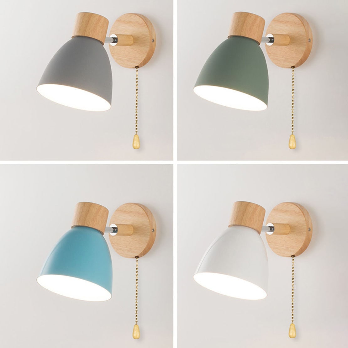 Aplique de pared moderno con brazo ajustable, interruptor de cadena y pantalla de madera en forma de cúpula para el dormitorio