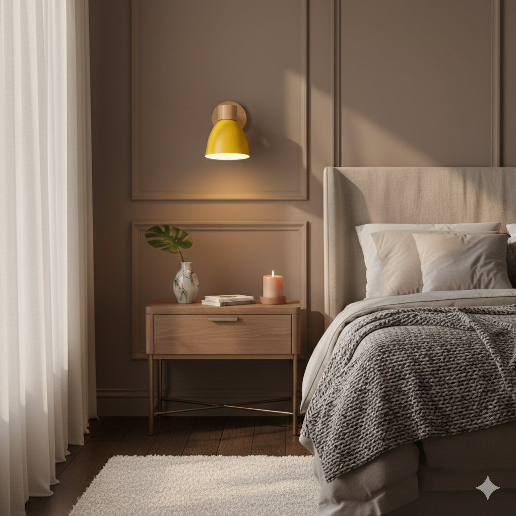Aplique de pared moderno con brazo ajustable, interruptor de cadena y pantalla de madera en forma de cúpula para el dormitorio