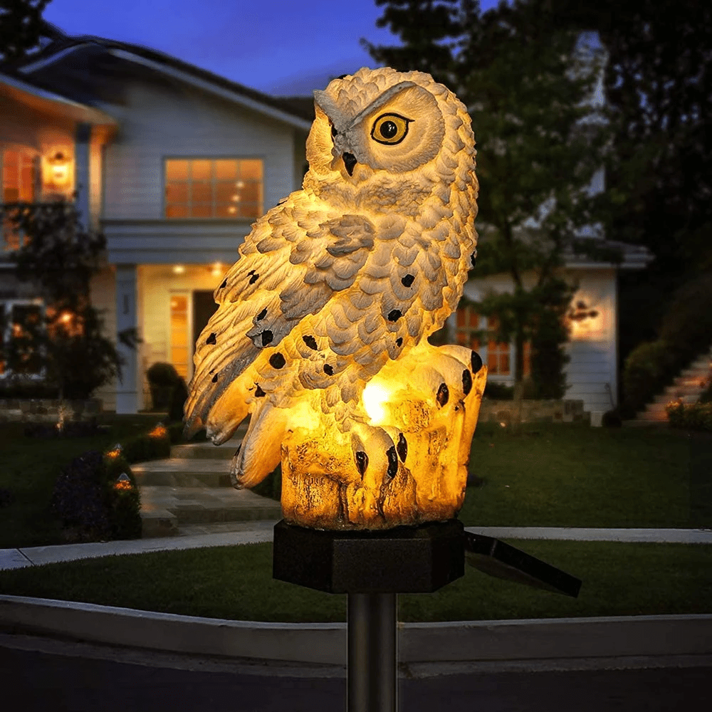 Luces solares de jardín para exteriores con búho decorativo de resina y estaca impermeable
