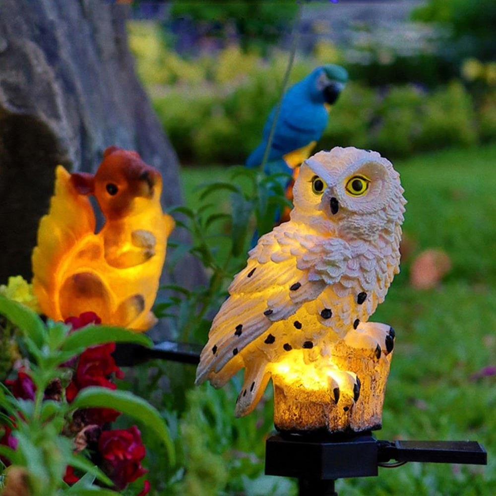 Luces solares de jardín para exteriores con búho decorativo de resina y estaca impermeable