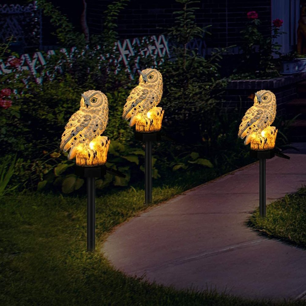 Luces solares de jardín para exteriores con búho decorativo de resina y estaca impermeable