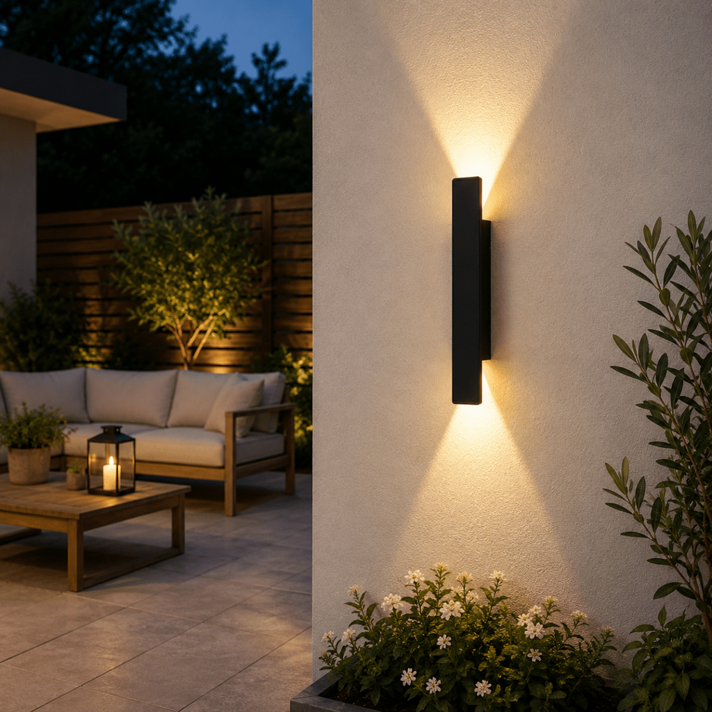 Aplique de pared exterior y lámpara con iluminación LED hacia arriba y hacia abajo y diseño rectangular moderno