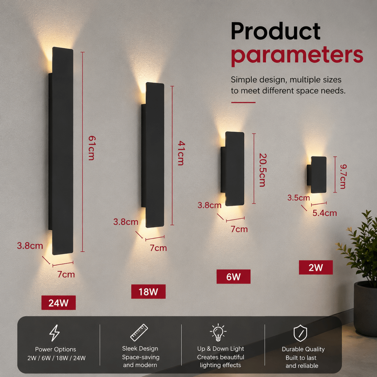 Aplique de pared exterior y lámpara con iluminación LED hacia arriba y hacia abajo y diseño rectangular moderno
