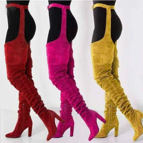 Women Faux Suede Thigh High Waist Belt Chunky High Heel Slouch Boots | Over The Knee Waist Belted Boots - product image 6