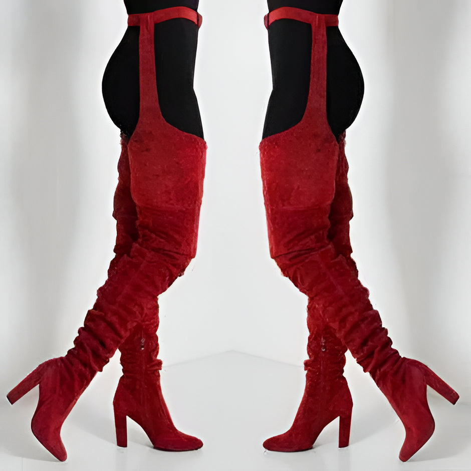 Women Faux Suede Thigh High Waist Belt Chunky High Heel Slouch Boots | Over The Knee Waist Belted Boots - product image 2