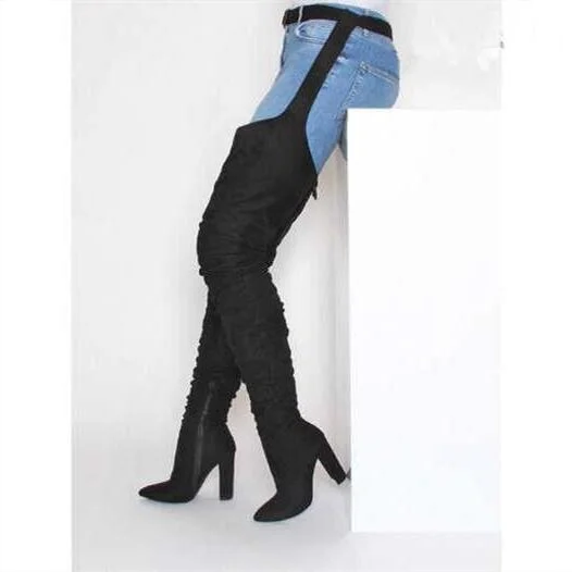 Women Faux Suede Thigh High Waist Belt Chunky High Heel Slouch Boots | Over The Knee Waist Belted Boots - product image 4