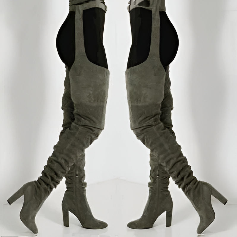 Women Faux Suede Thigh High Waist Belt Chunky High Heel Slouch Boots | Over The Knee Waist Belted Boots - product image 1