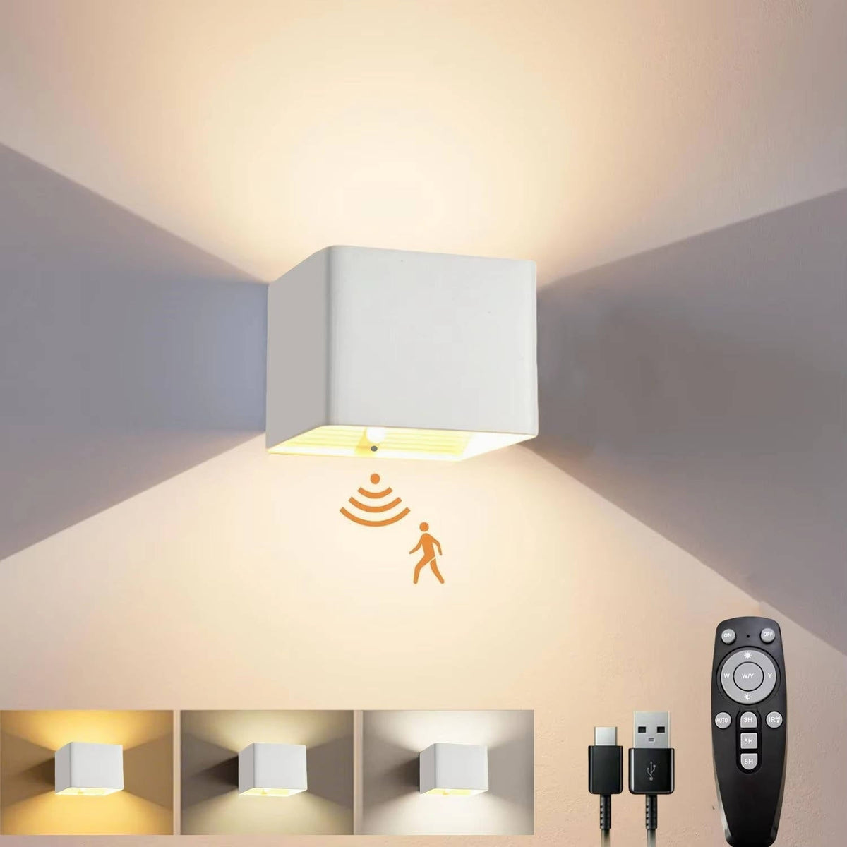Aplique de pared recargable con sensor de movimiento, control remoto y LED regulable
