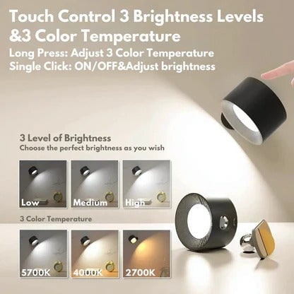 Aplique de pared recargable con iluminación LED moderna e inalámbrica y lámpara magnética con rotación de 360°