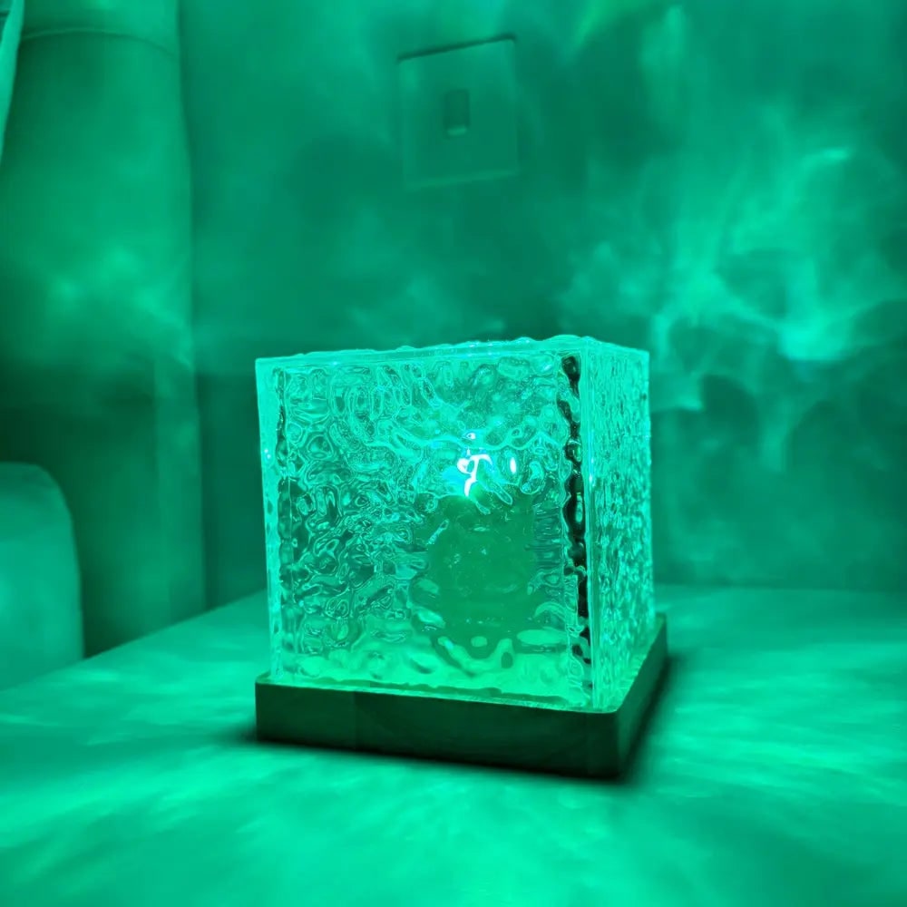 Lámpara proyectora de control remoto con efecto de ondas de agua, cubo de madera, LED y aurora