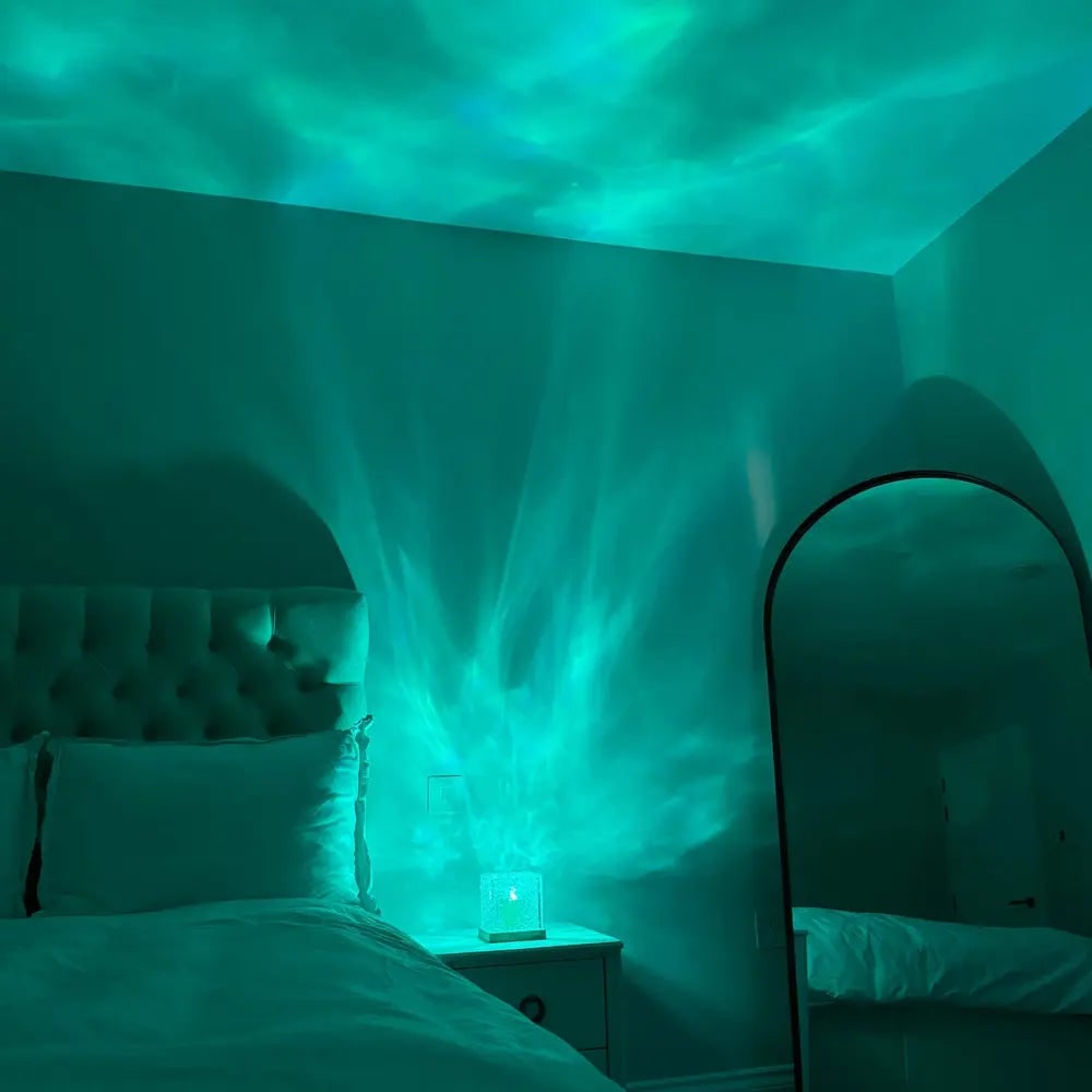 Lámpara proyectora de control remoto con efecto de ondas de agua, cubo de madera, LED y aurora