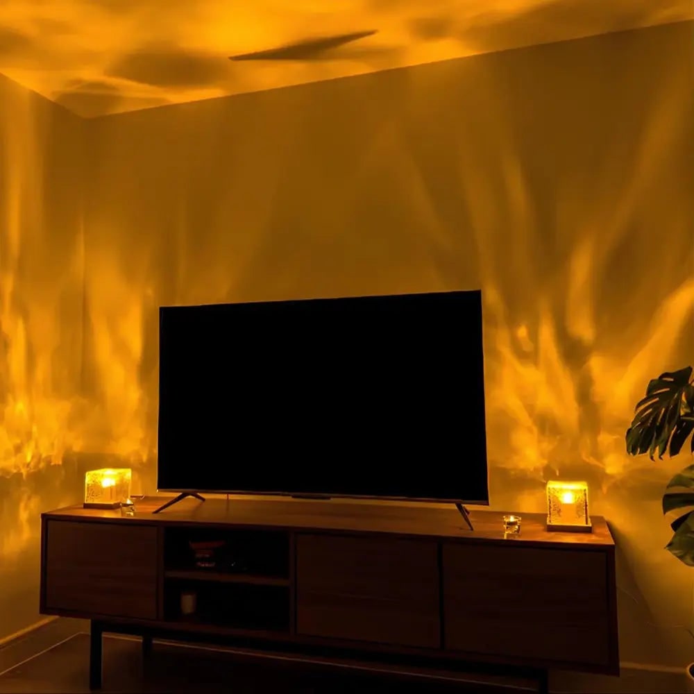 Lámpara proyectora de control remoto con efecto de ondas de agua, cubo de madera, LED y aurora