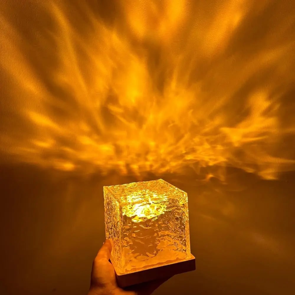 Lámpara proyectora de control remoto con efecto de ondas de agua, cubo de madera, LED y aurora