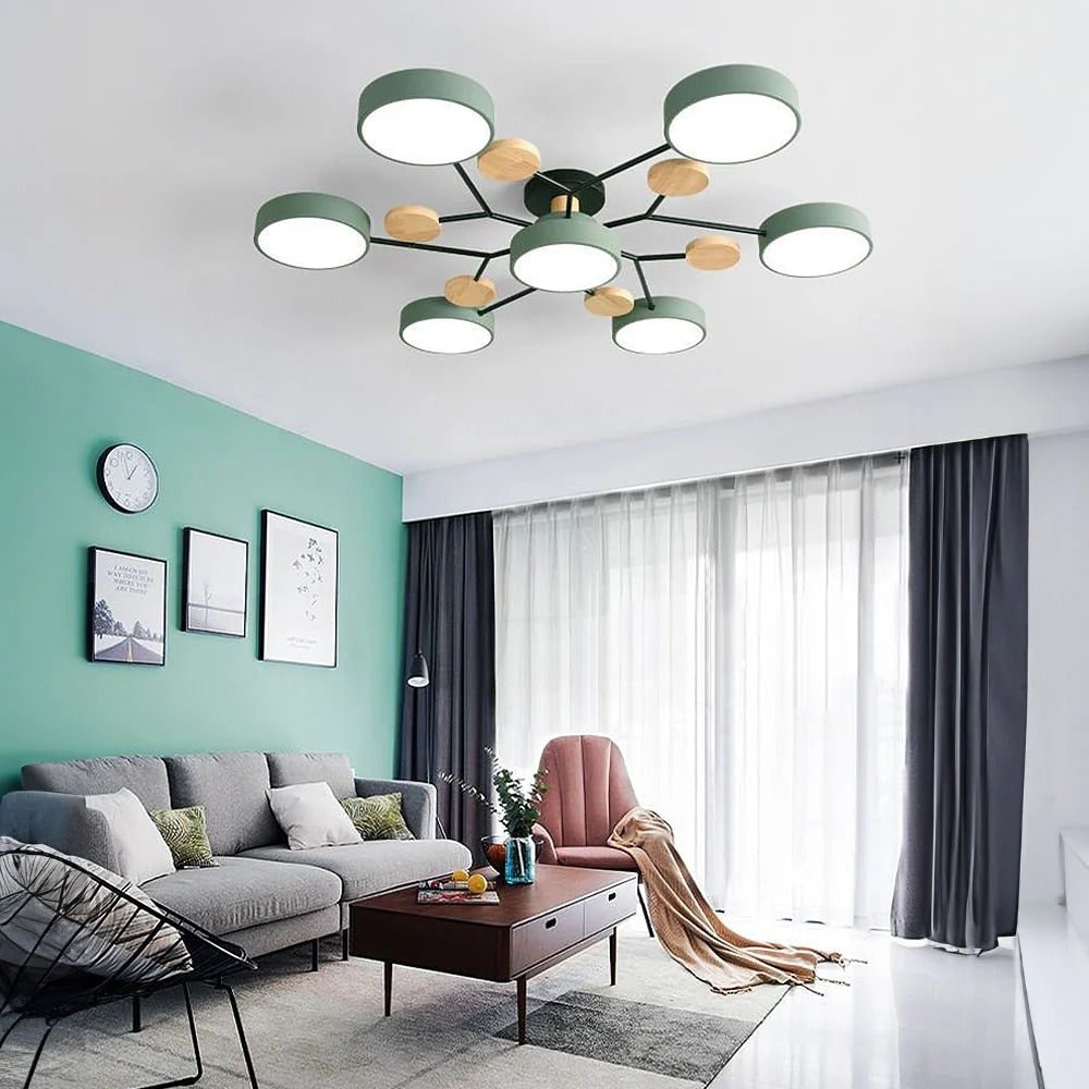 Lámpara de techo semiempotrada con detalles modernos de madera para dormitorio con ventilador