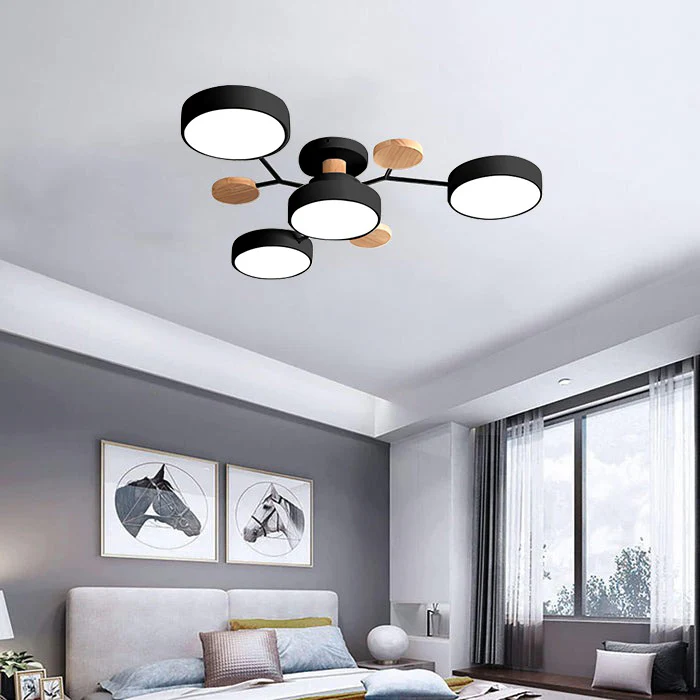 Lámpara de techo semiempotrada con detalles modernos de madera para dormitorio con ventilador