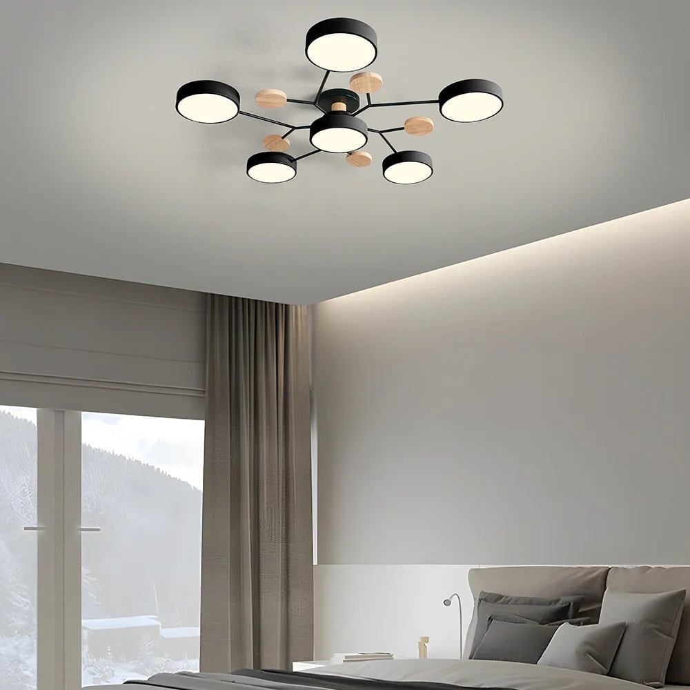 Lámpara de techo semiempotrada con detalles modernos de madera para dormitorio con ventilador
