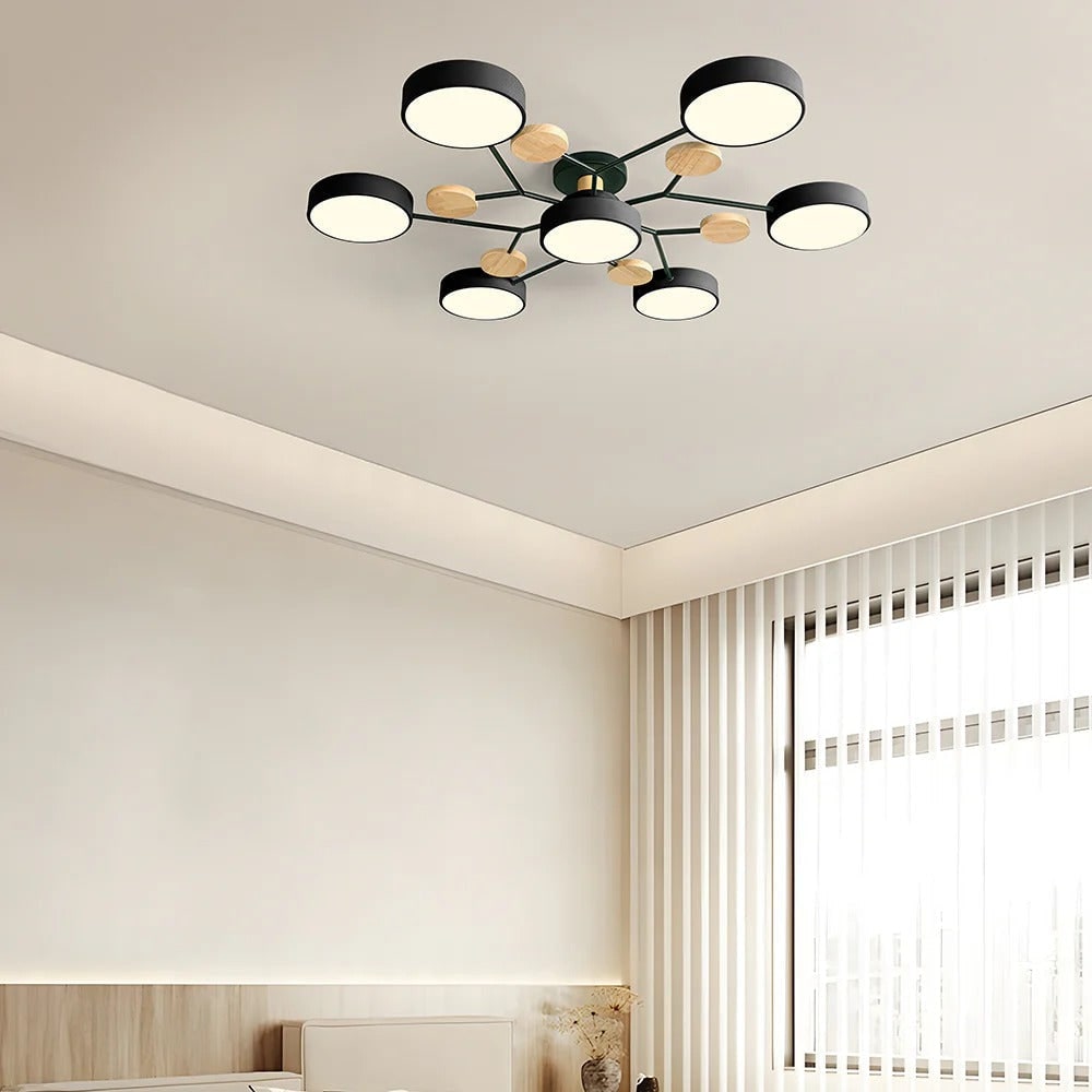 Lámpara de techo semiempotrada con detalles modernos de madera para dormitorio con ventilador