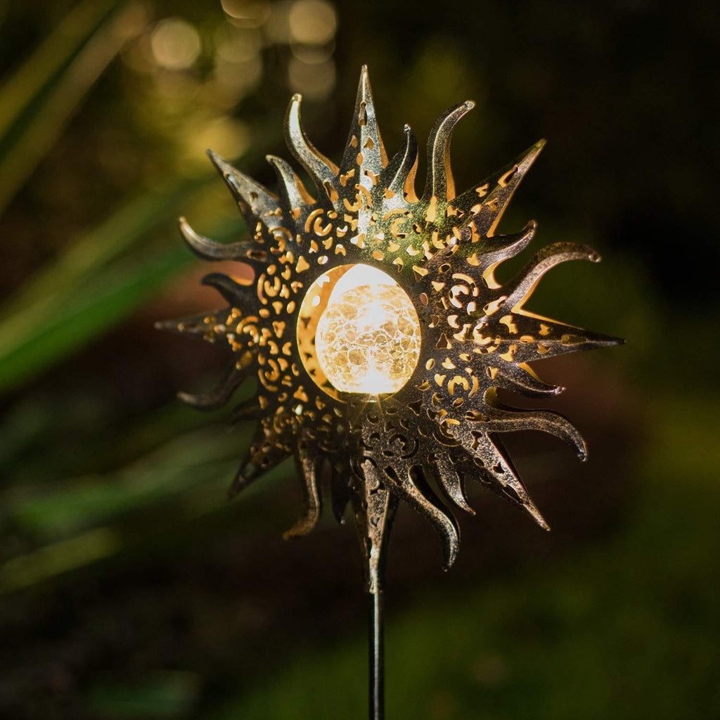 Luz solar de jardín para exterior con estaca para senderos, esfera de vidrio craquelado y LED cálido