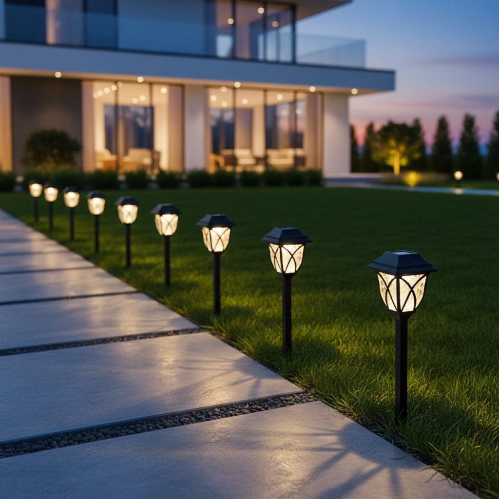 Luces solares para senderos de jardín, para exteriores, con lente de vidrio craquelado y panel integrado en la estaca