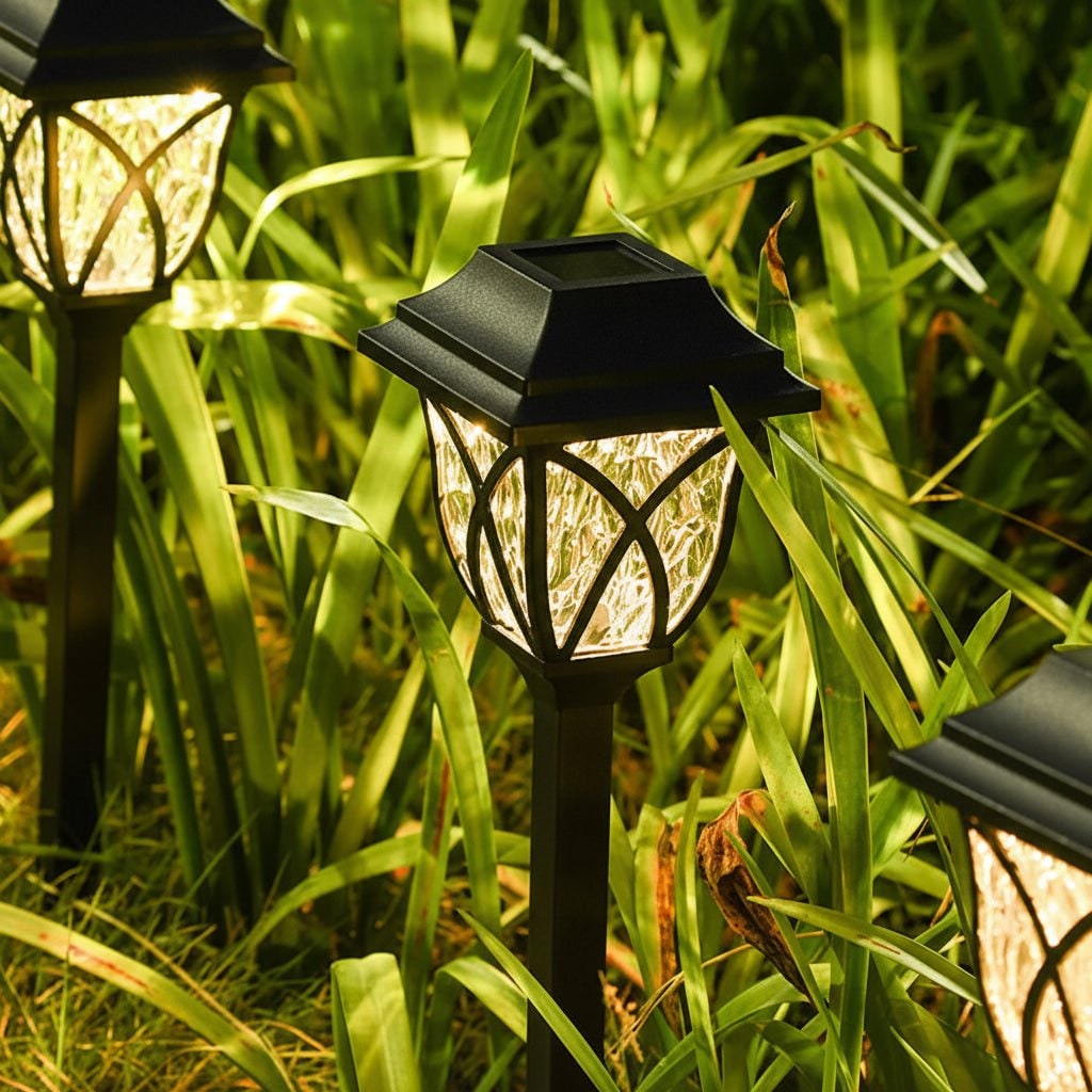 Luces solares para senderos de jardín, para exteriores, con lente de vidrio craquelado y panel integrado en la estaca